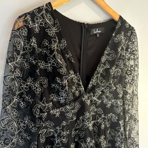 Lulus Enraptured Black Embroidered Long Sleeve Skater Dress - size Medium - Picture 3 of 7